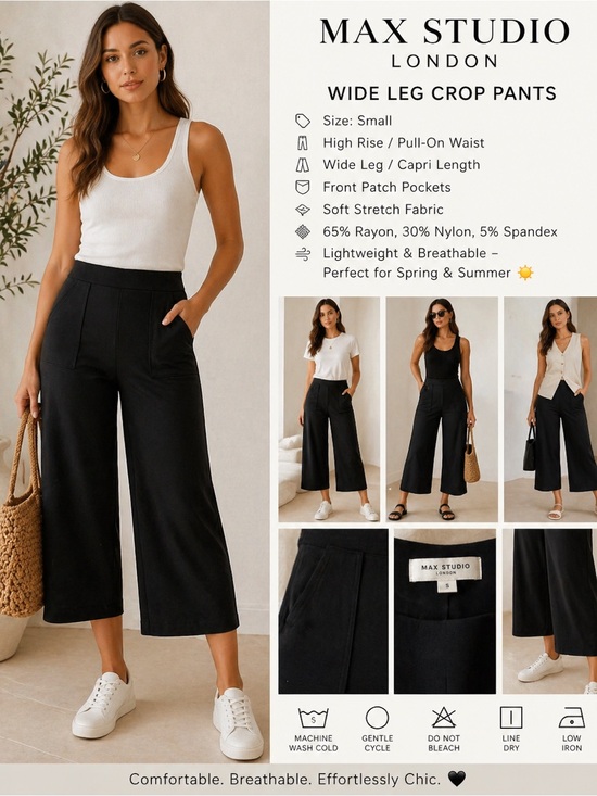 Max Studio Pants - Max Studio London Black Wide Leg Crop Pants Small High Rise Stretch Capri